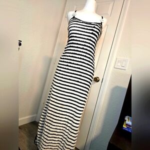 SAVE the QUEEN Chic Black and White Striped  raffly Maxi beach Dress